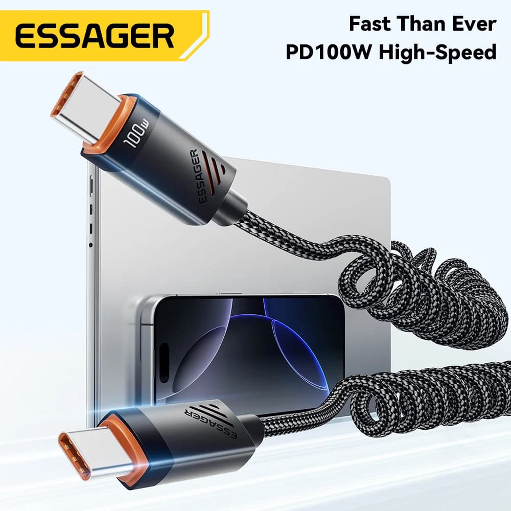 Câble spiralé USB-C vers USB-C de charge rapide 100W