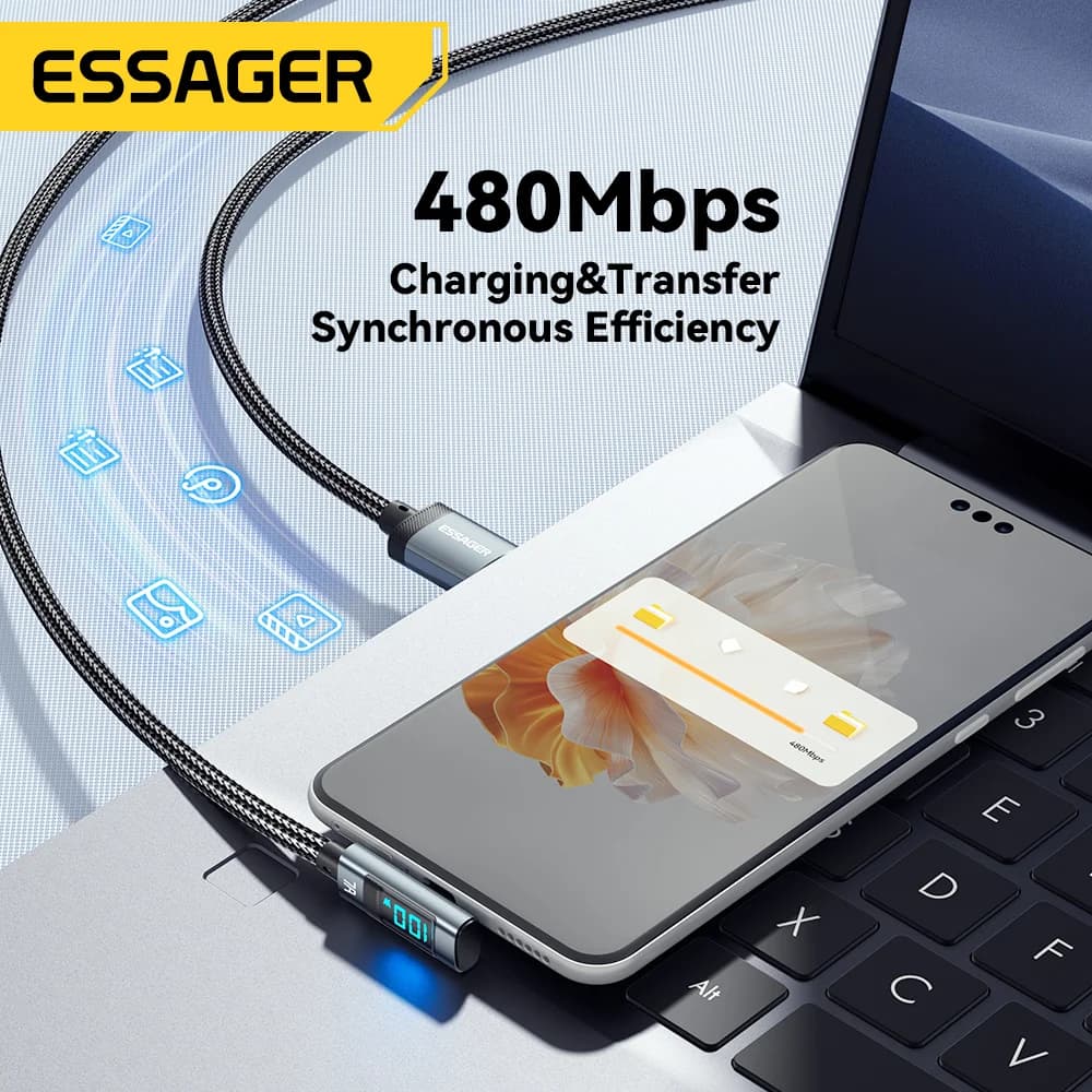 Câble USB-C coudé 7A 100W avec affichage numérique