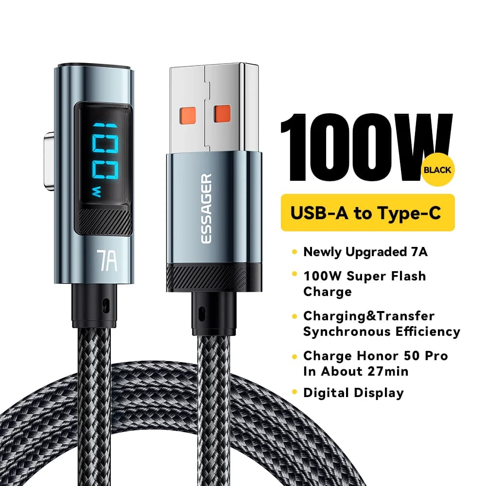 Câble USB-C coudé 7A 100W avec affichage numérique