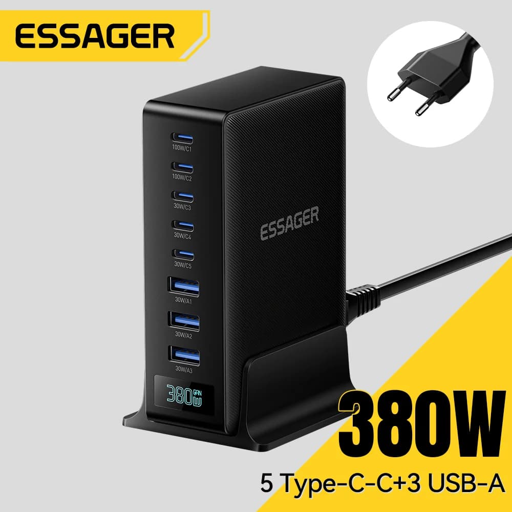 Chargeur de bureau GaN 380W 8-en-1 avec support