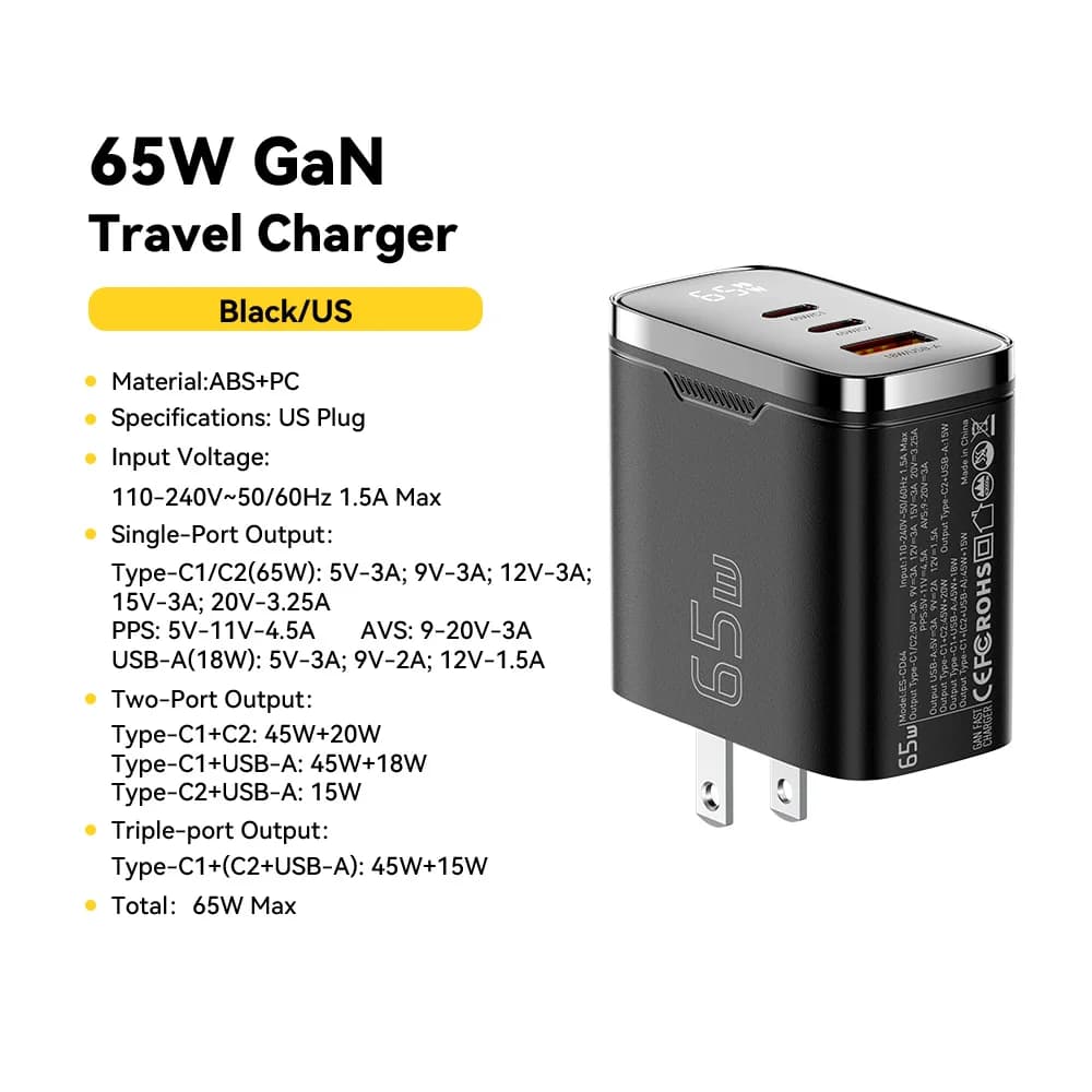 Chargeur USB-C GaN 65W avec affichage numérique