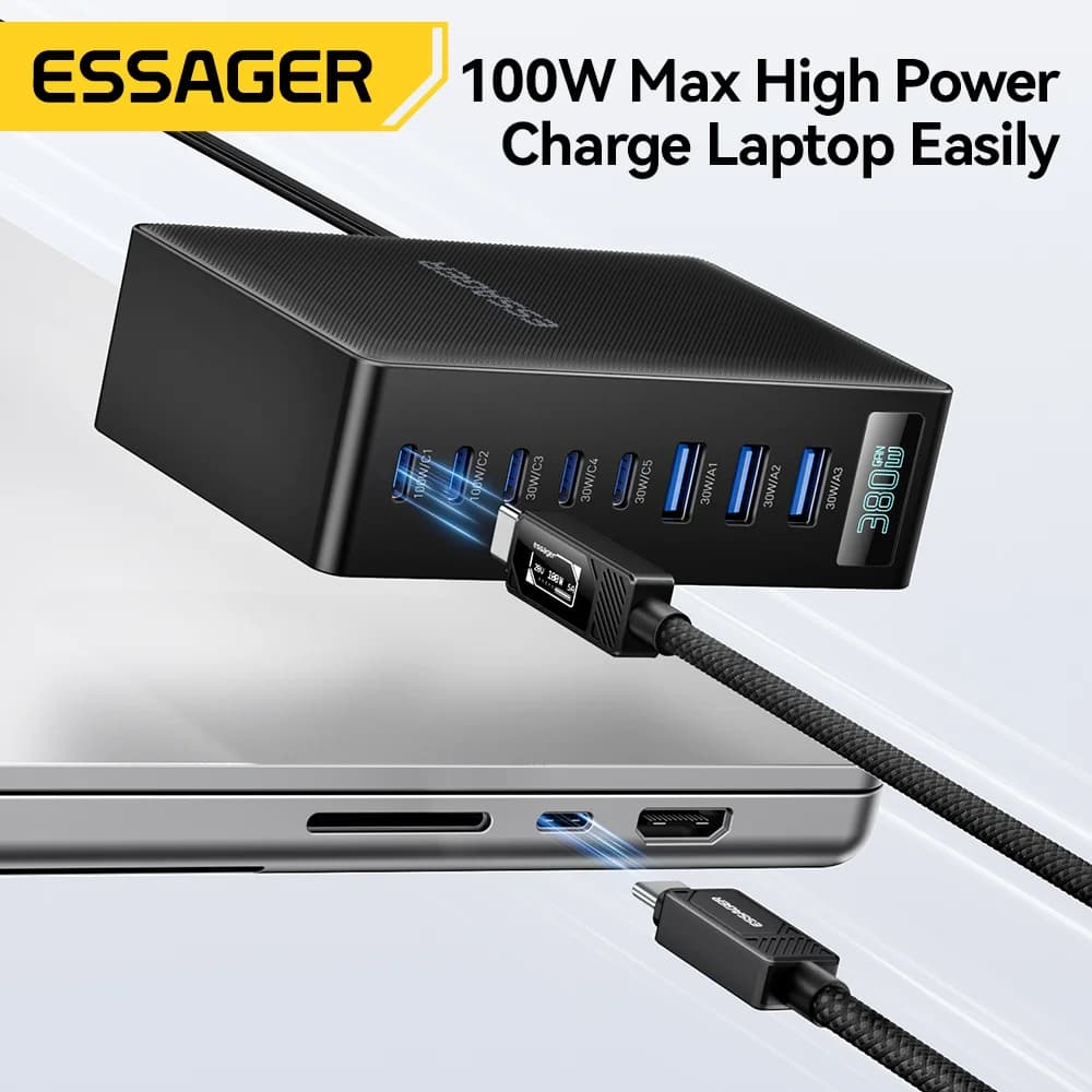 Chargeur de bureau GaN 380W 8-en-1 avec support