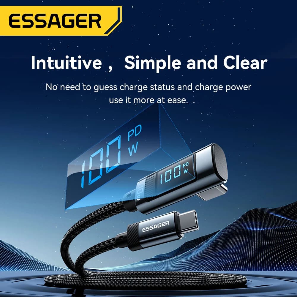Câble USB-C à angle droit 90° avec affichage LED, 100W 5A