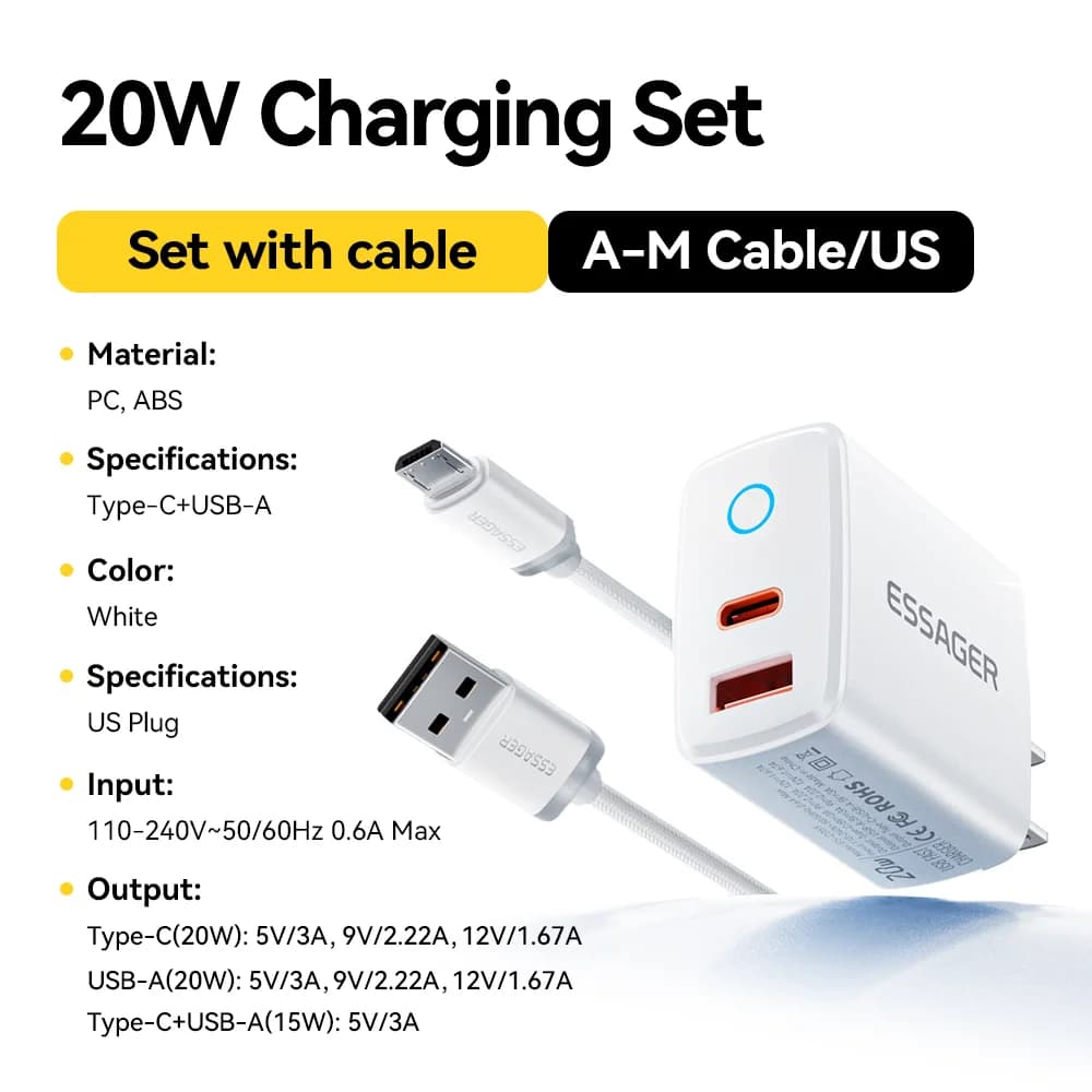 Ensemble de chargeur rapide USB-C PD 20W