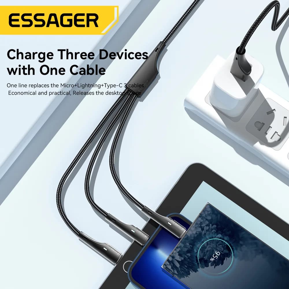 Câble de charge 3-en-1 USB-C Micro USB Lightning