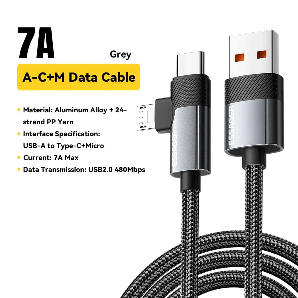 Câble de charge rapide 2-en-1 65 W PD Type-C/USB-A vers Micro