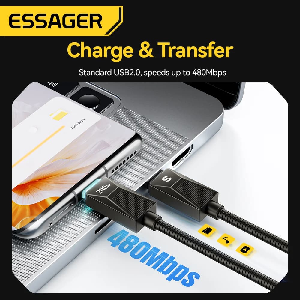 Câble de Charge Rapide USB-C 240W Acier Inoxydable