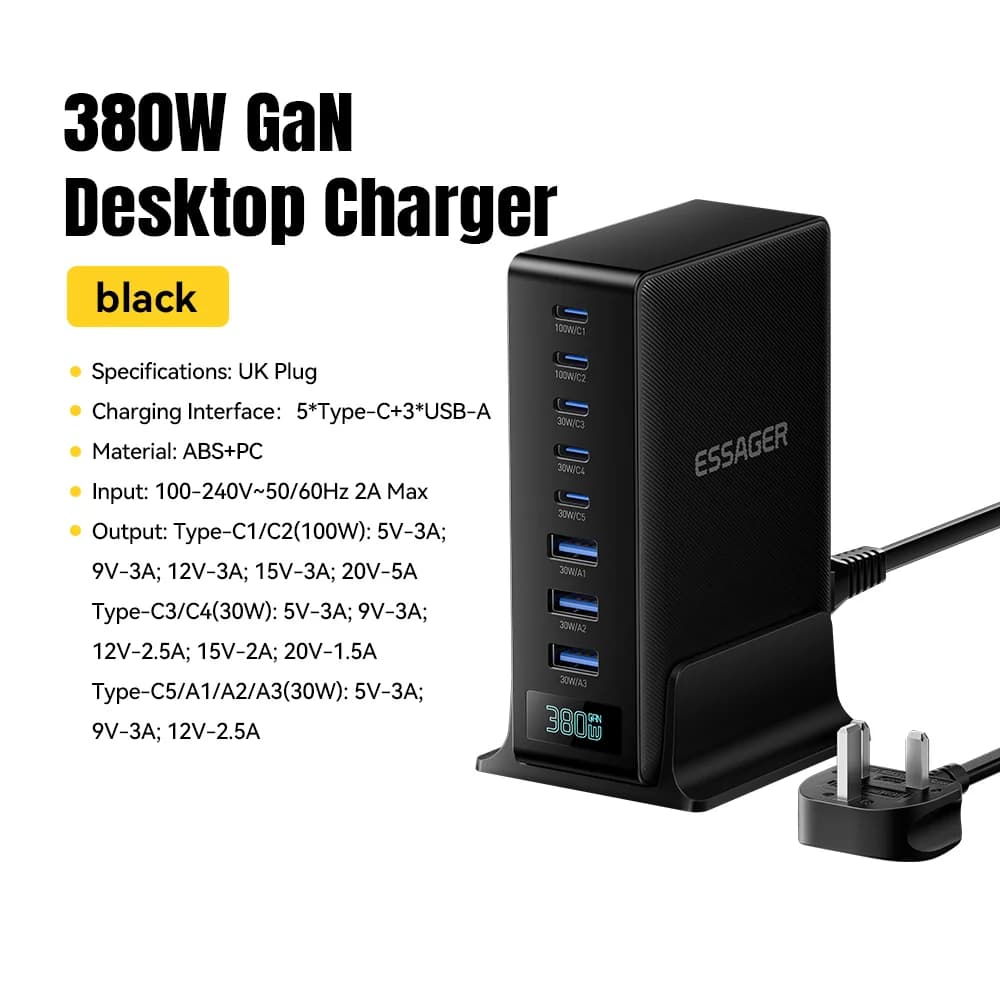 Chargeur de bureau GaN 380W 8-en-1 avec support