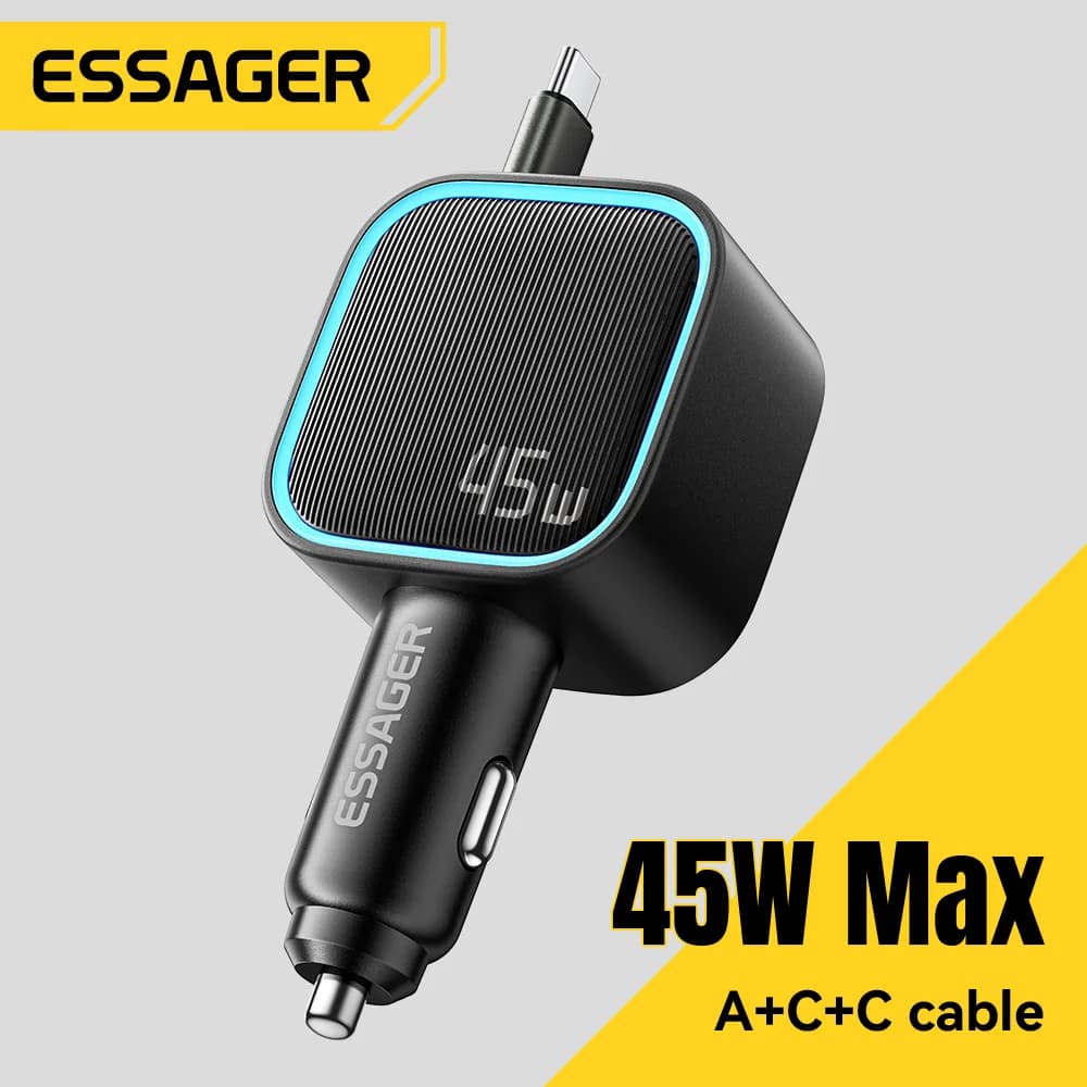 Chargeur de voiture 45W avec câble PD rétractable 75cm