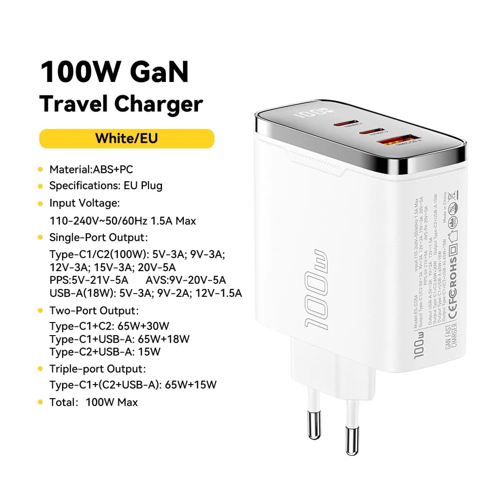 Chargeur GaN USB-C 100W avec affichage numérique