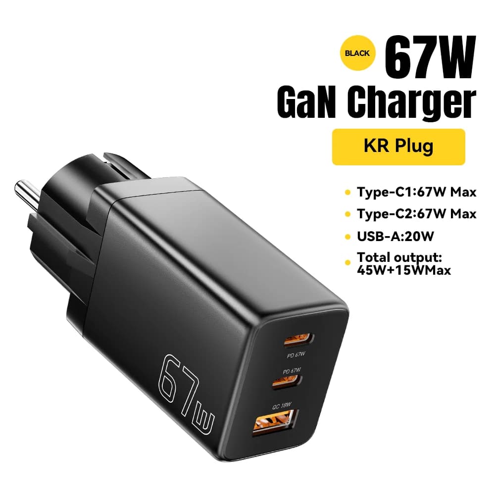 Chargeur GaN USB Type-C avec options de prise EU/KR