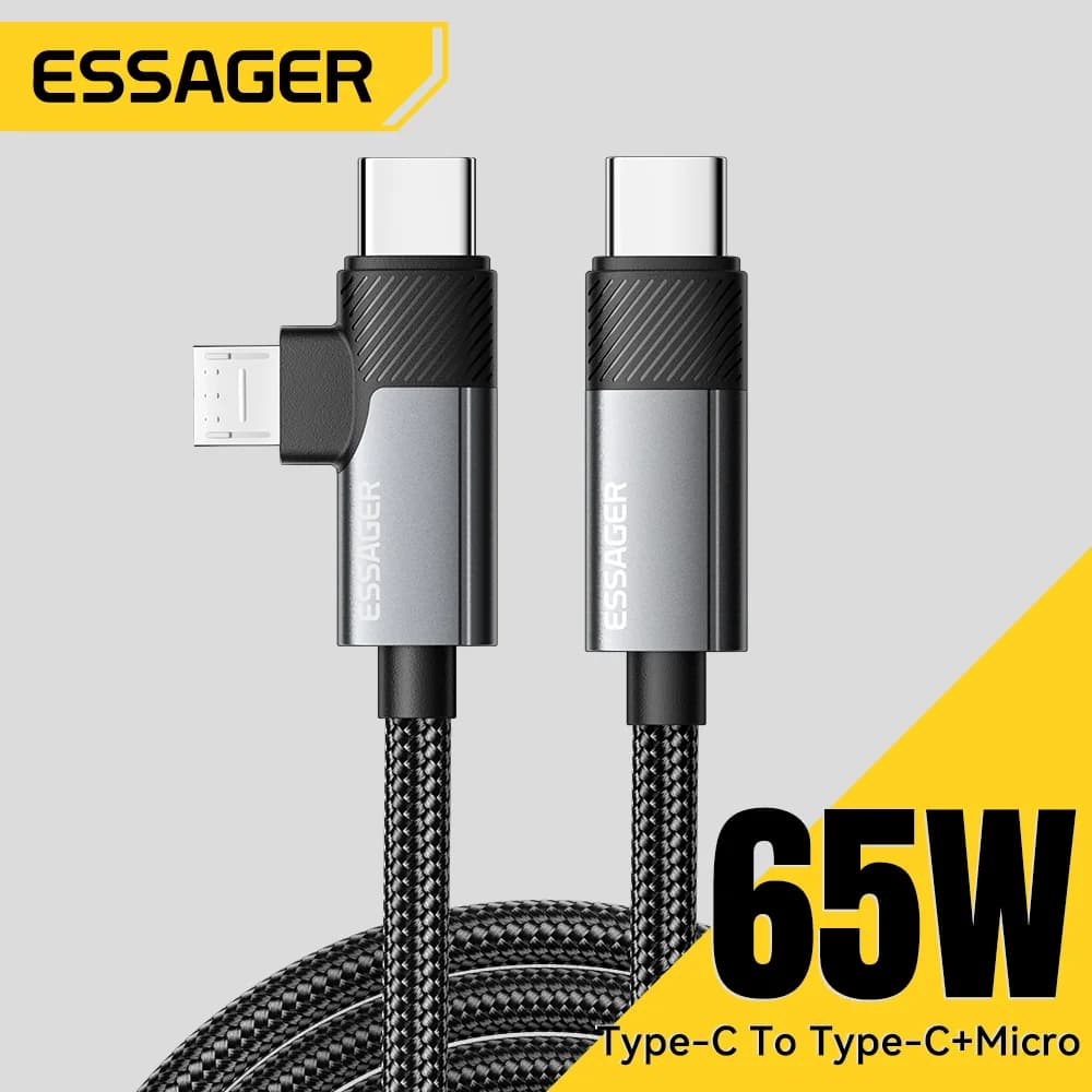 Câble de charge rapide 2-en-1 65 W PD Type-C/USB-A vers Micro